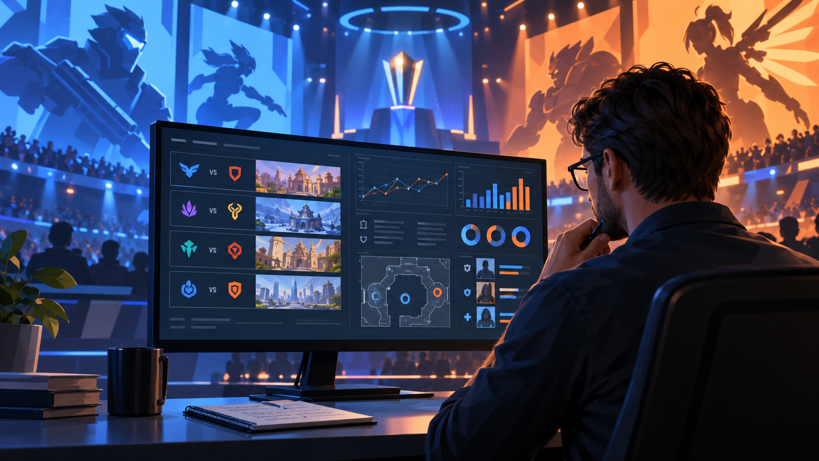 Persona adulta revisando datos y calendario de una competición de Overwatch 2