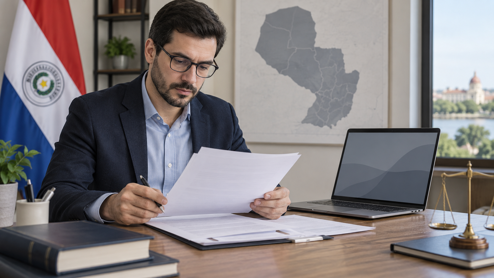 Persona adulta revisando documentos regulatorios y la jurisdiccion de Paraguay para comprobar una autorizacion de juego online