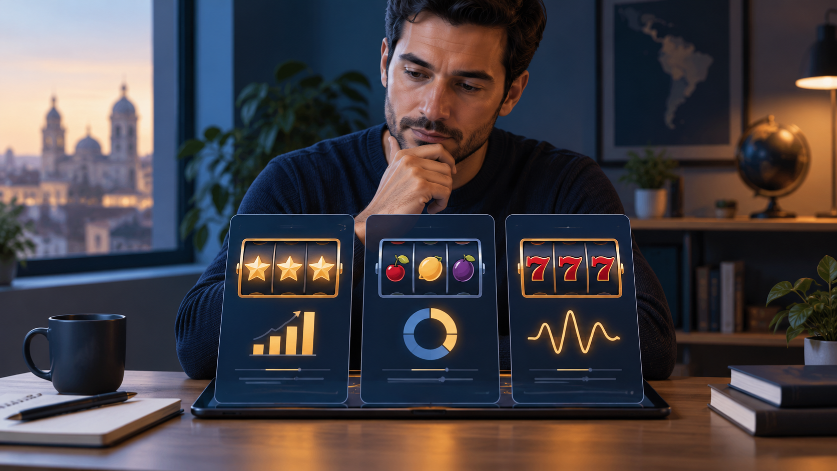 Persona adulta comparando datos de premio máximo, RTP y volatilidad de tragamonedas
