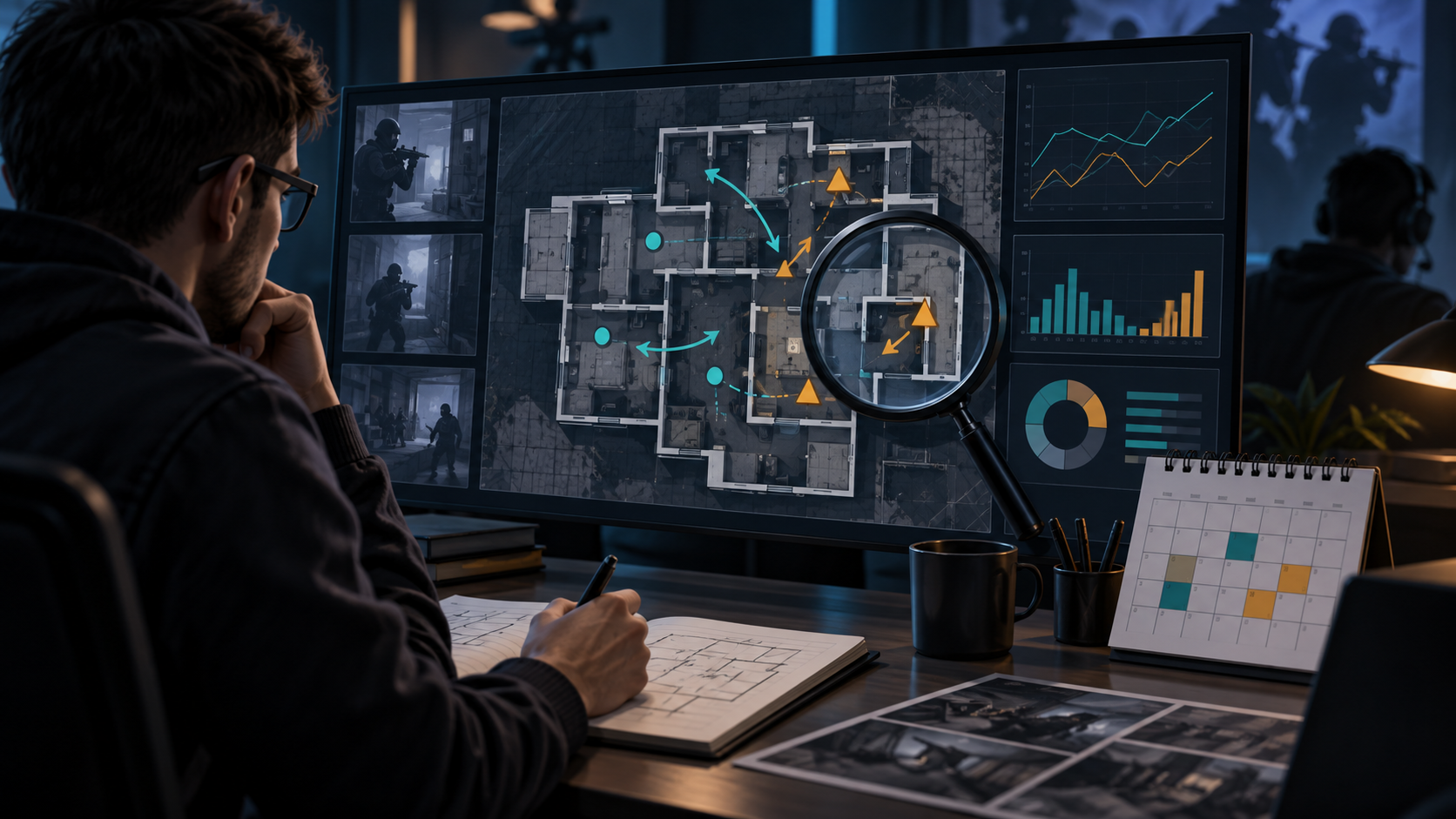 Análisis editorial de un partido de Rainbow Six Siege esports con calendario y mapa táctico genéricos