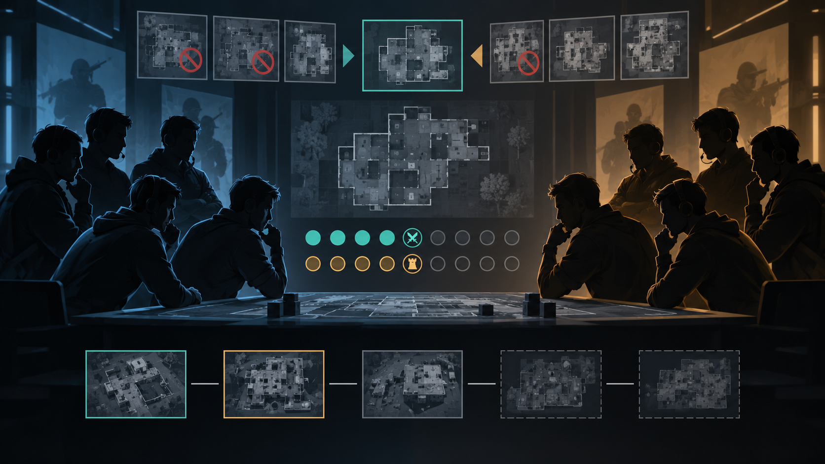 Esquema visual genérico del formato por mapas y rondas en Rainbow Six Siege