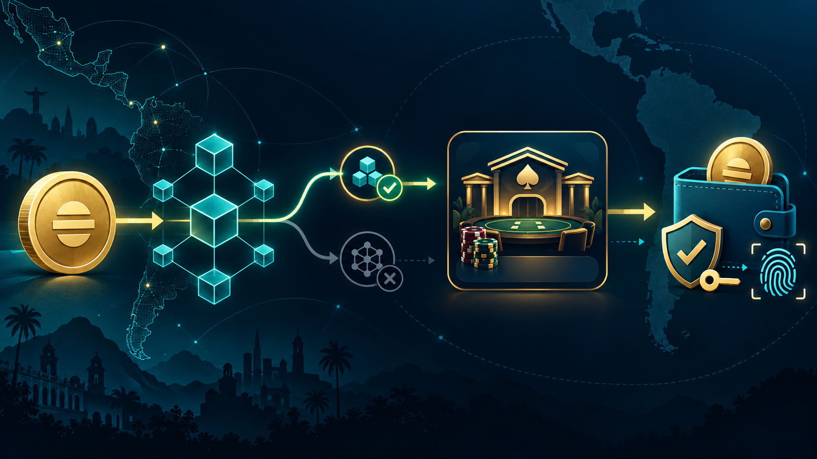 Flujo de un pago de casino con stablecoin y verificación de red