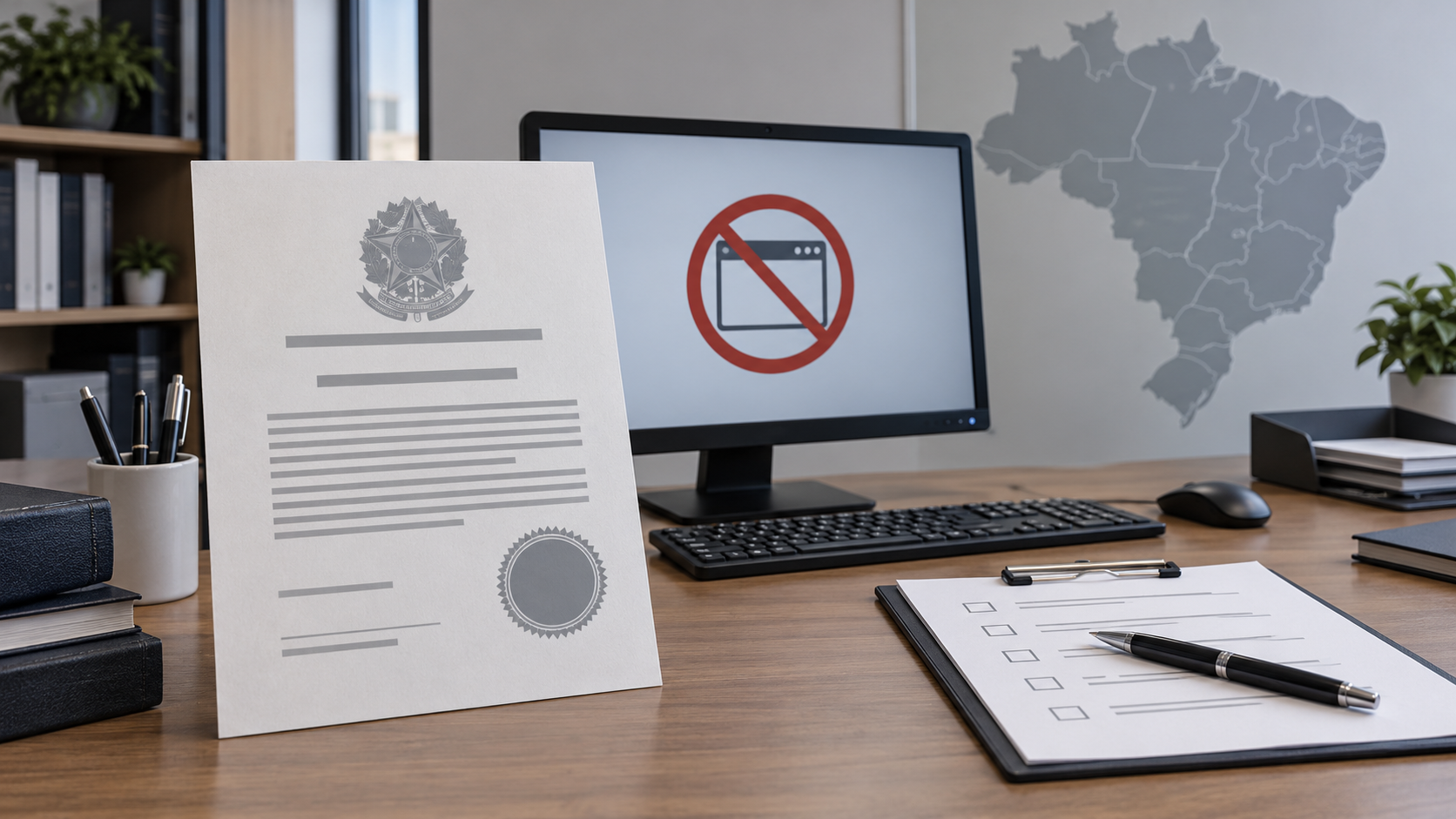 Documento regulatorio y acceso bloqueado de una plataforma de apuestas en Brasil
