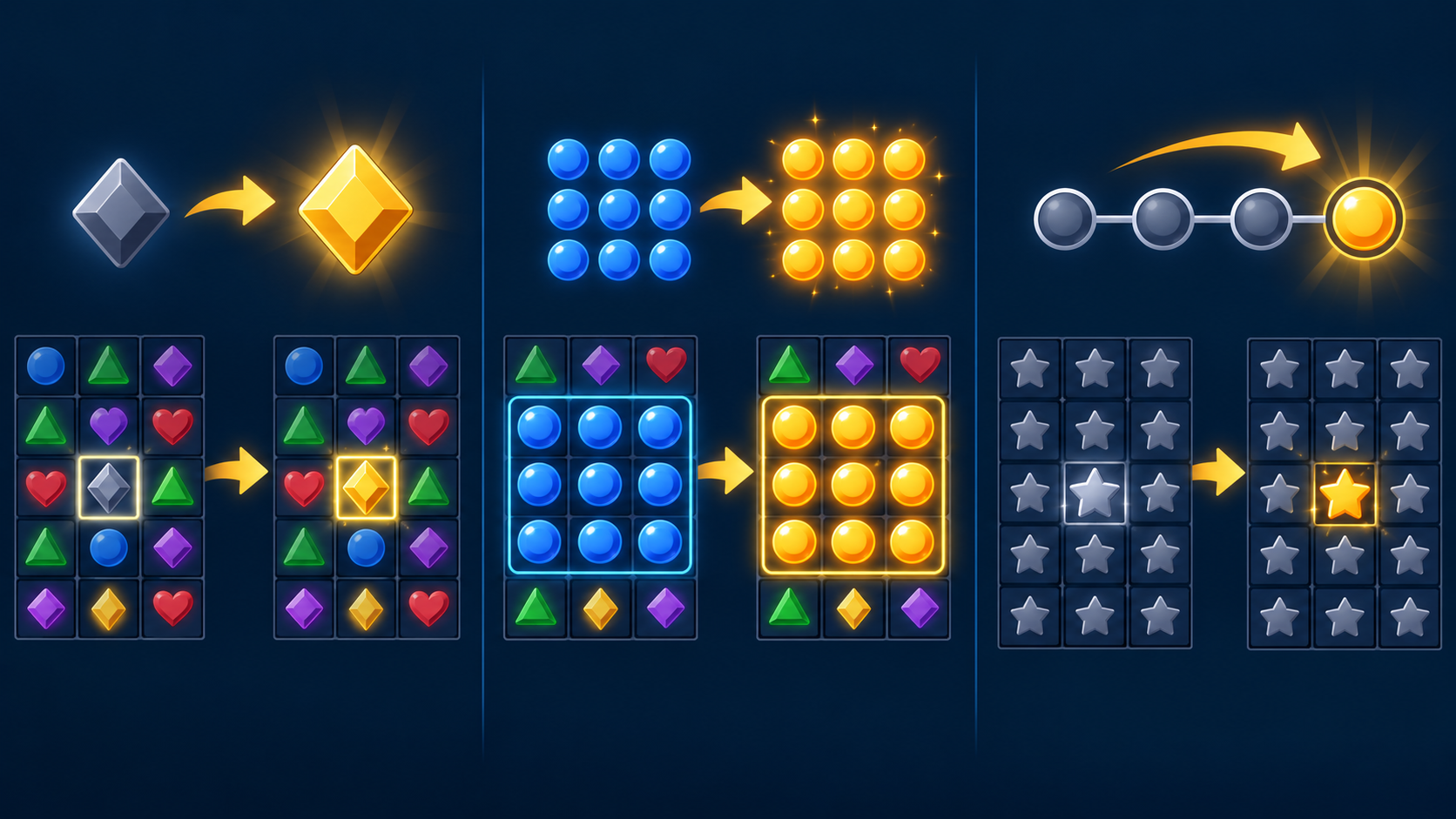 Diagrama de tres formas en que una tragamonedas puede aplicar Symbol Upgrade